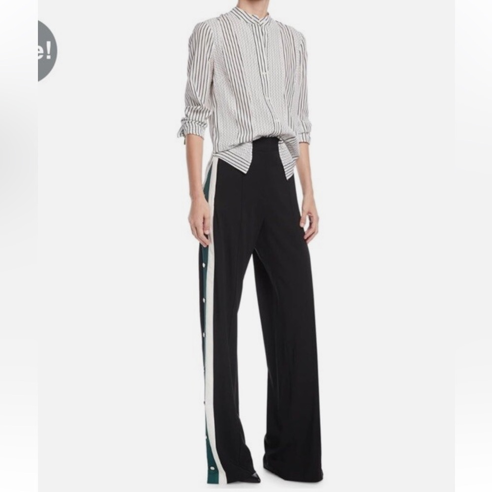 Veronica Beard Russo Pants Black High Waist Snap Up Side Green/Cream